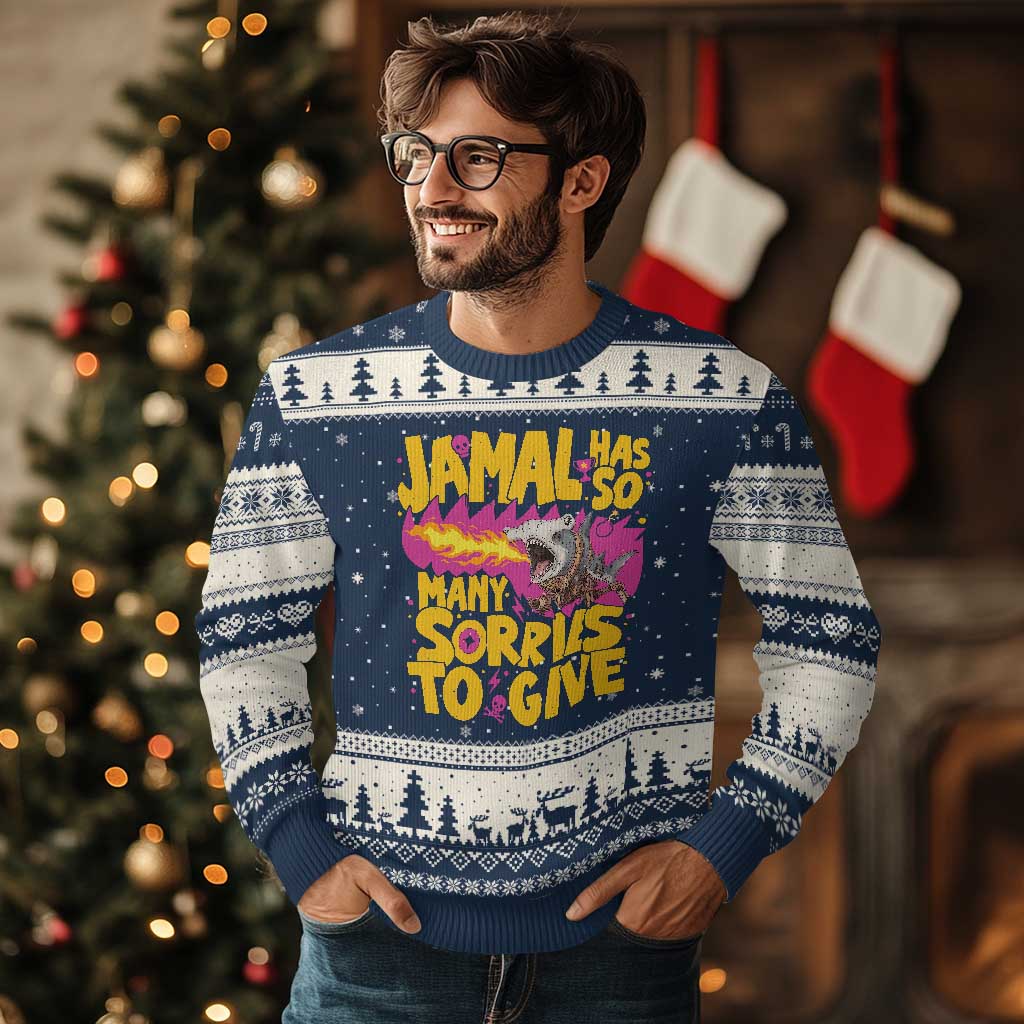 Jamal Has So Many Sorries To Give Ugly Christmas Sweater Funny Fire Breathing Hammerhead Shark Gamer