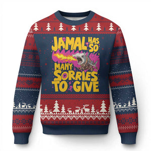 Jamal Has So Many Sorries To Give Ugly Christmas Sweater Funny Fire Breathing Hammerhead Shark Gamer