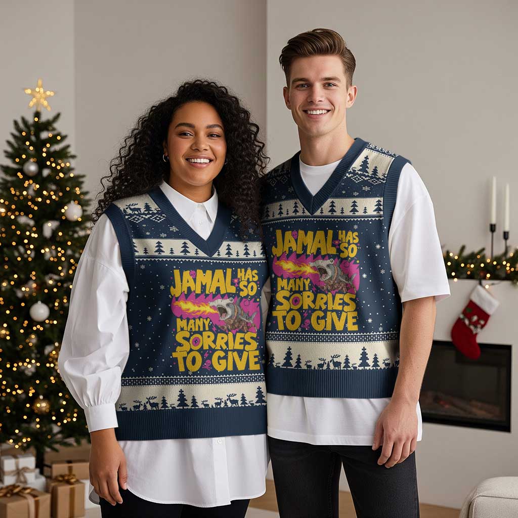 Jamal Has So Many Sorries To Give V-Neck Knit Sweater Vest Funny Fire Breathing Hammerhead Shark Gamer