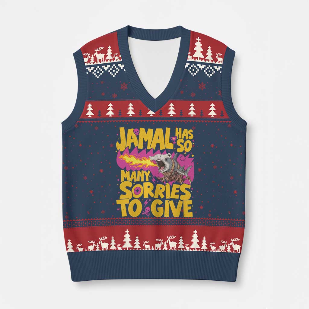 Jamal Has So Many Sorries To Give V-Neck Knit Sweater Vest Funny Fire Breathing Hammerhead Shark Gamer TS02 Navy Red Print Your Wear