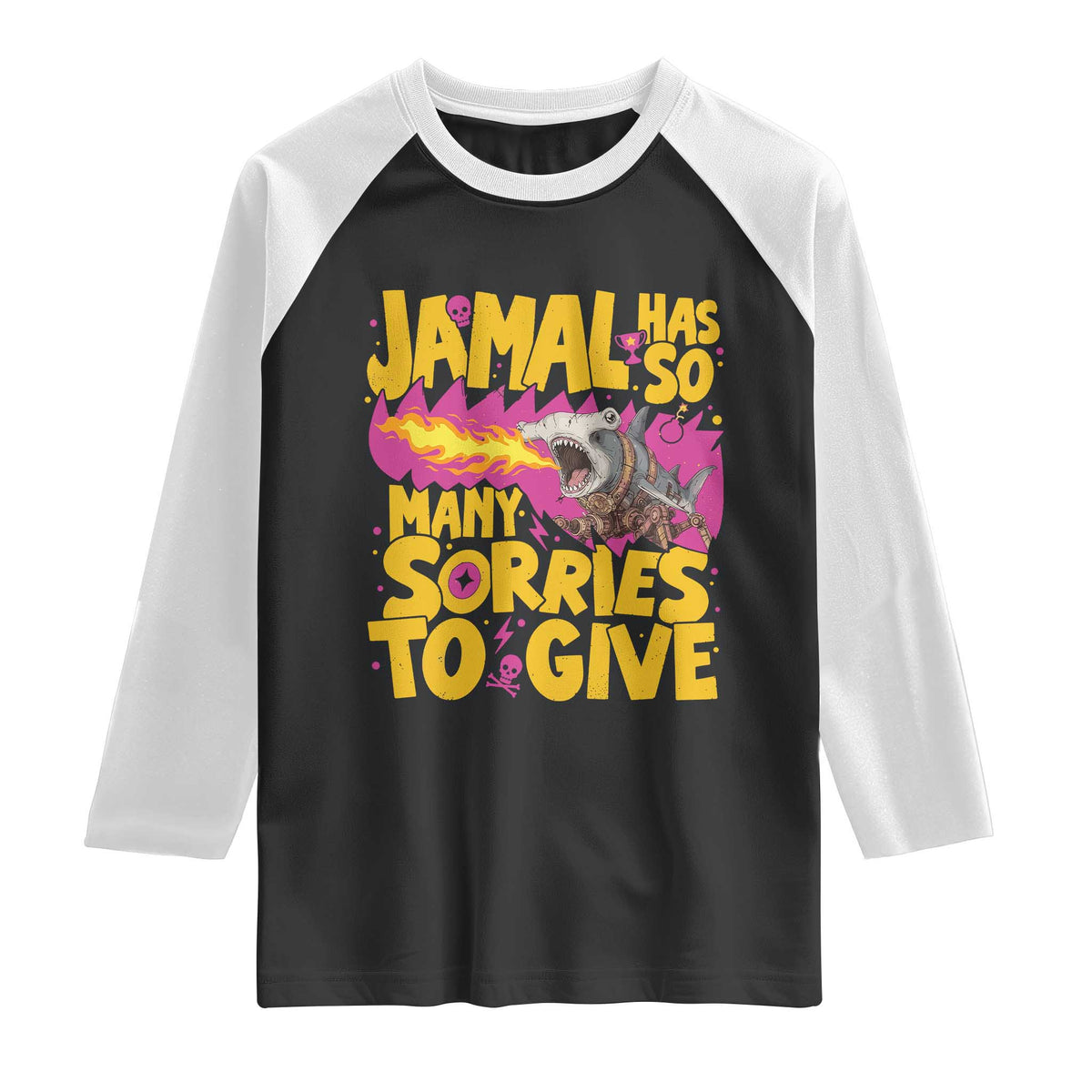 Jamal Has So Many Sorries To Give Raglan Shirt Funny Fire Breathing Hammerhead Shark Gamer