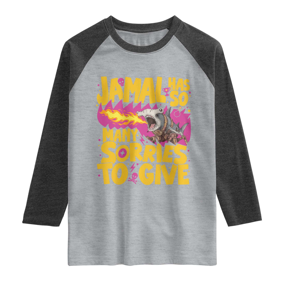 Jamal Has So Many Sorries To Give Raglan Shirt Funny Fire Breathing Hammerhead Shark Gamer