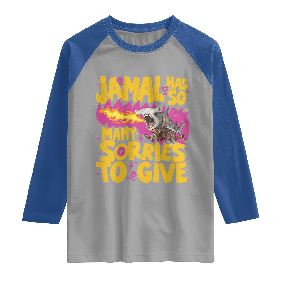 Jamal Has So Many Sorries To Give Raglan Shirt Funny Fire Breathing Hammerhead Shark Gamer