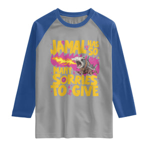Jamal Has So Many Sorries To Give Raglan Shirt Funny Fire Breathing Hammerhead Shark Gamer