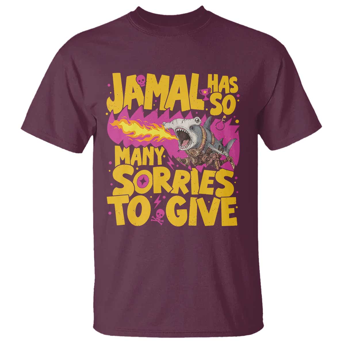 Jamal Has So Many Sorries To Give T Shirt Funny Fire Breathing Hammerhead Shark Gamer