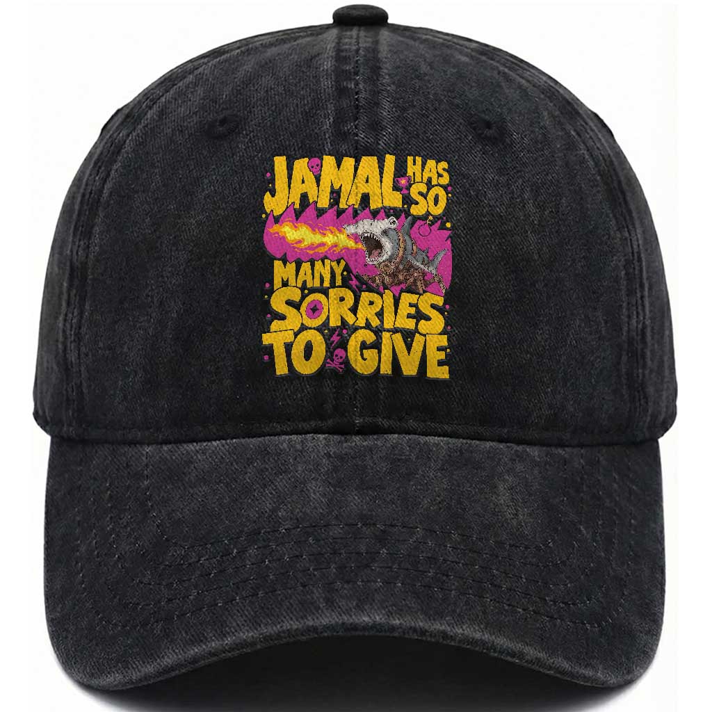 Jamal Has So Many Sorries To Give Washed Cotton Baseball Cap Funny Fire Breathing Hammerhead Shark Gamer TS02 Print Your Wear