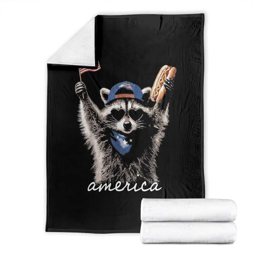 Funny America Raccoon Happy 4th of July Throw Blanket Holding Hotdog and US Flag Patriotic Graphic