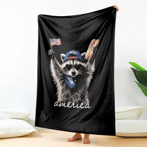 Funny America Raccoon Happy 4th of July Throw Blanket Holding Hotdog and US Flag Patriotic Graphic
