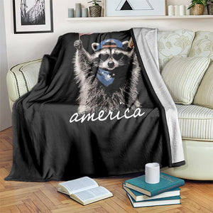 Funny America Raccoon Happy 4th of July Throw Blanket Holding Hotdog and US Flag Patriotic Graphic
