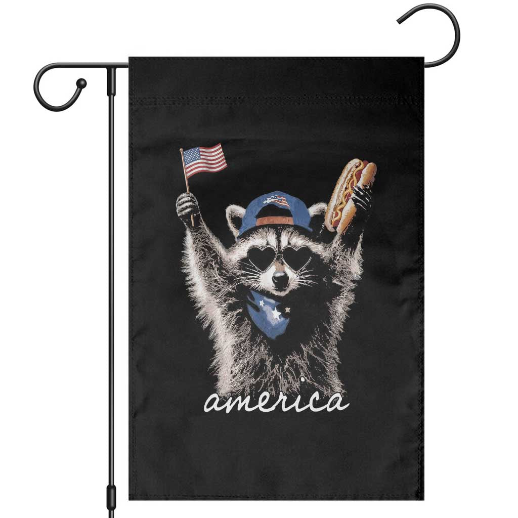 Funny America Raccoon Happy 4th of July Garden Flag Holding Hotdog and US Flag Patriotic Graphic TS02 Black Print Your Wear