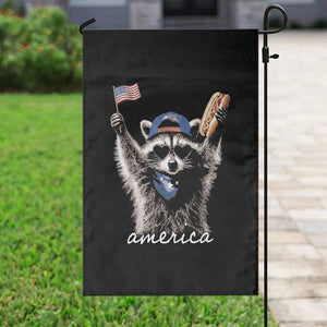 Funny America Raccoon Happy 4th of July Garden Flag Holding Hotdog and US Flag Patriotic Graphic TS02 Print Your Wear