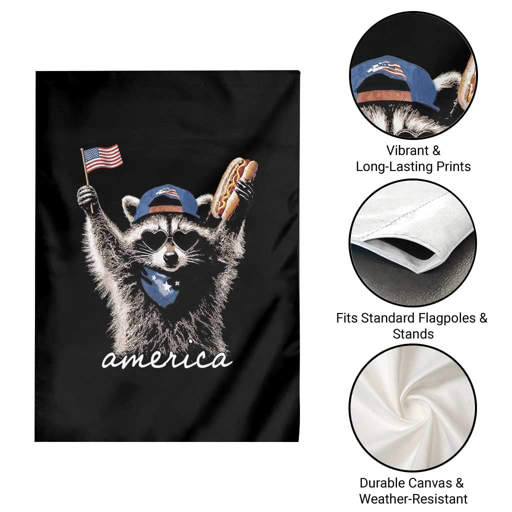 Funny America Raccoon Happy 4th of July Garden Flag Holding Hotdog and US Flag Patriotic Graphic TS02 Print Your Wear