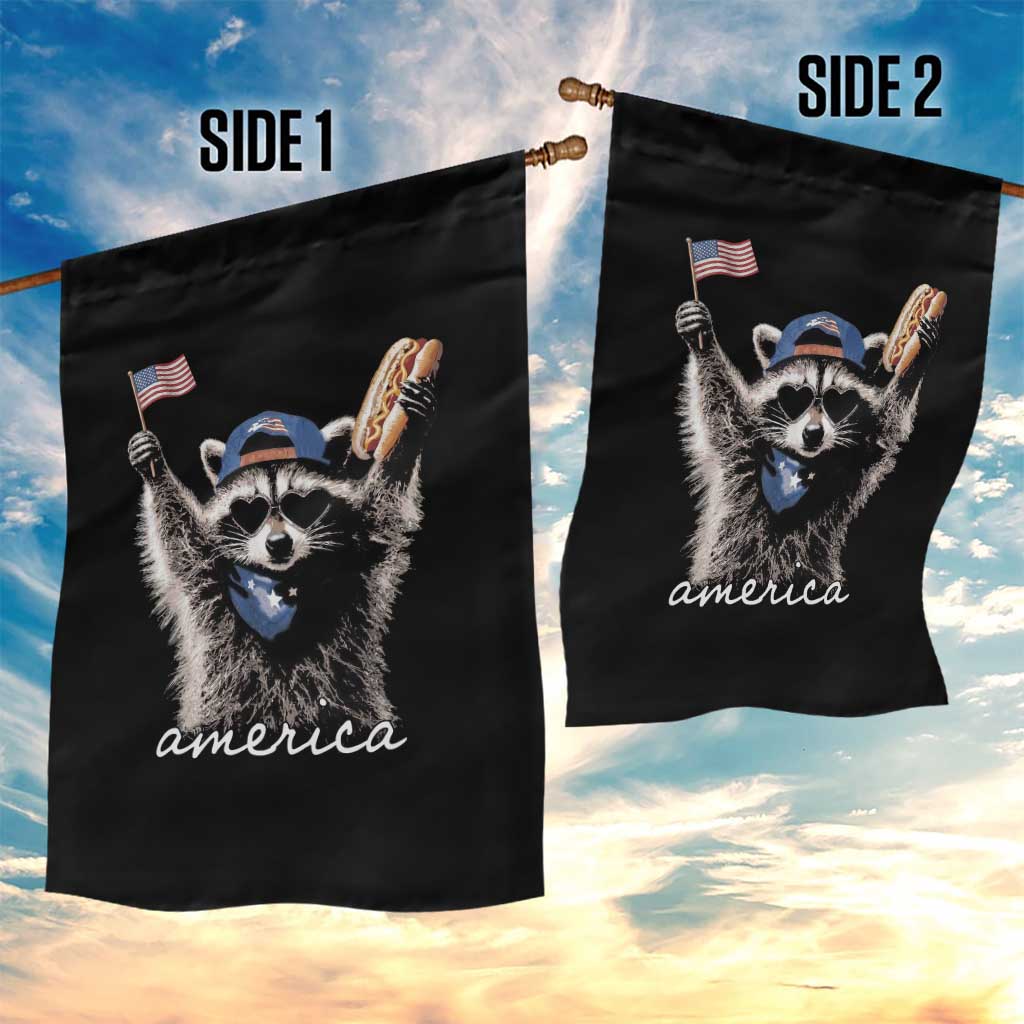 Funny America Raccoon Happy 4th of July Garden Flag Holding Hotdog and US Flag Patriotic Graphic TS02 Print Your Wear