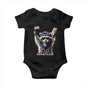 Funny America Raccoon Happy 4th of July Baby Onesie Holding Hotdog and US Flag Patriotic Graphic