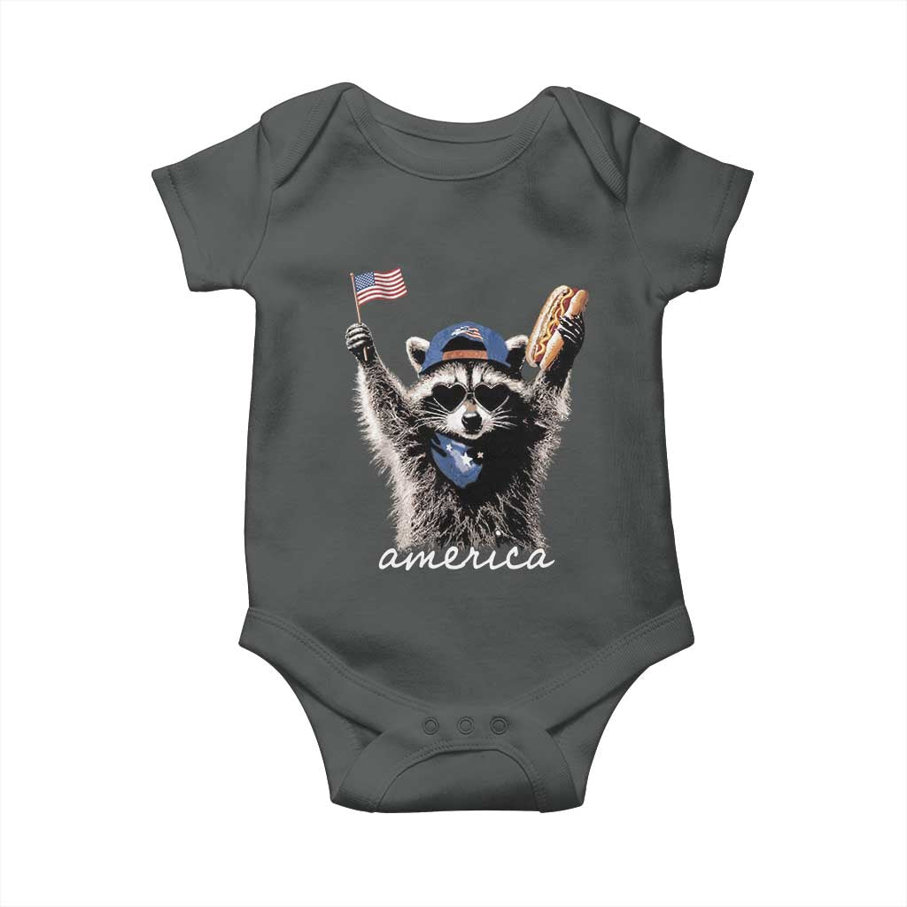 Funny America Raccoon Happy 4th of July Baby Onesie Holding Hotdog and US Flag Patriotic Graphic