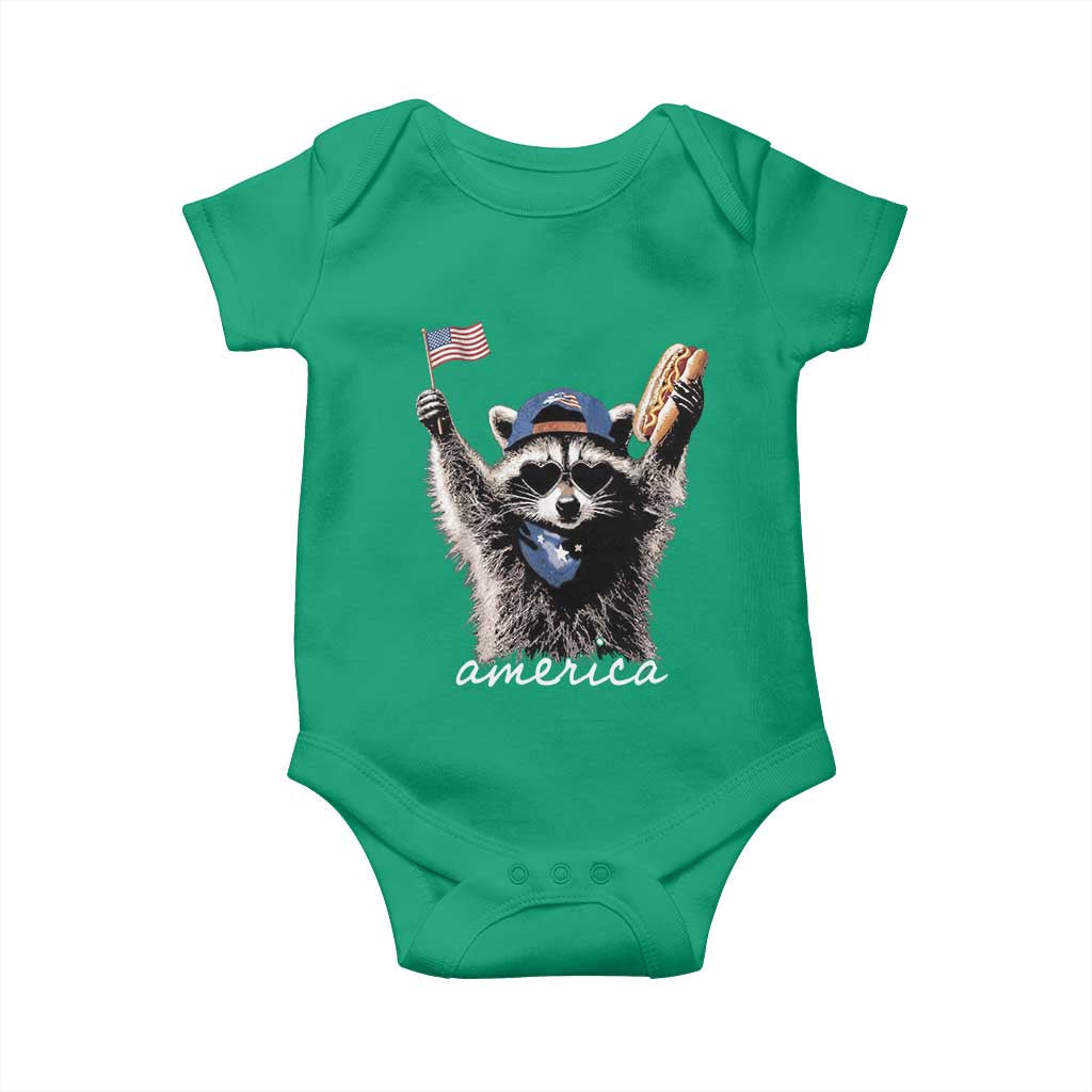 Funny America Raccoon Happy 4th of July Baby Onesie Holding Hotdog and US Flag Patriotic Graphic