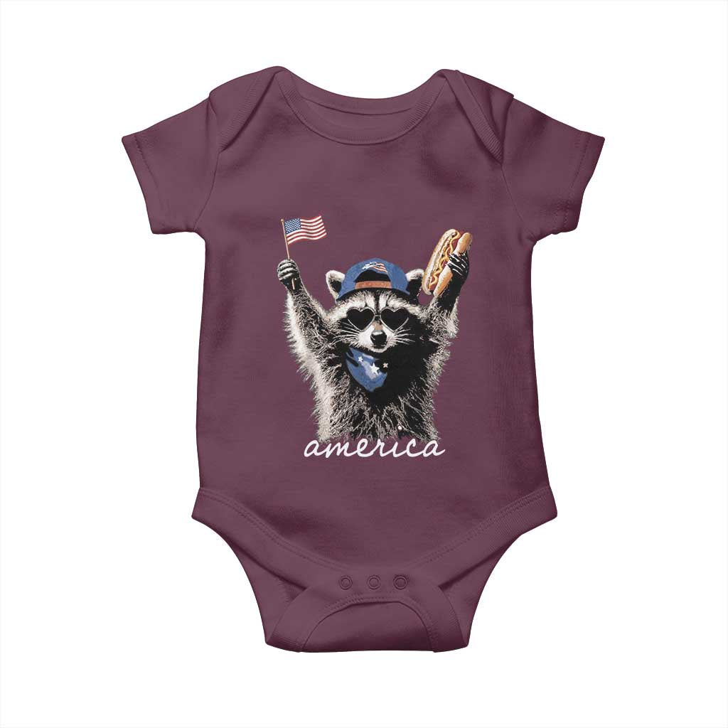 Funny America Raccoon Happy 4th of July Baby Onesie Holding Hotdog and US Flag Patriotic Graphic