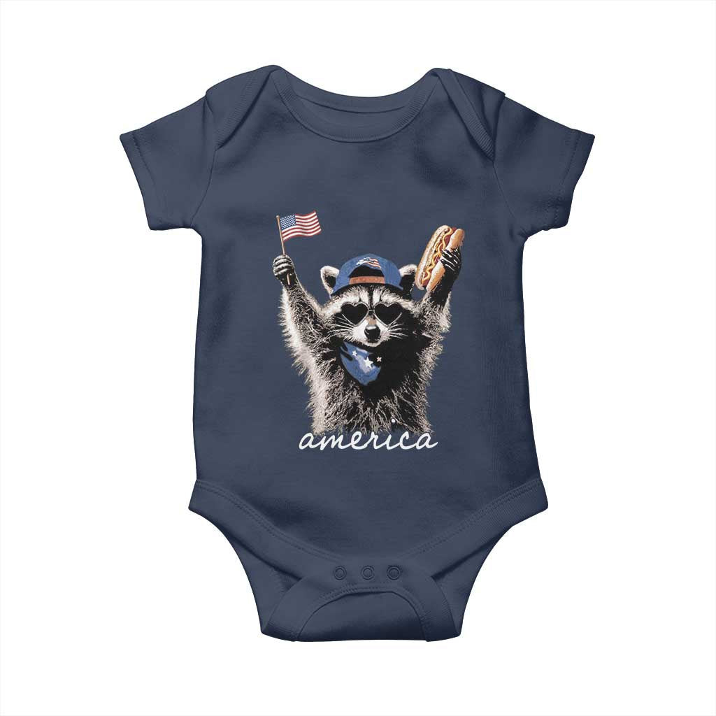Funny America Raccoon Happy 4th of July Baby Onesie Holding Hotdog and US Flag Patriotic Graphic