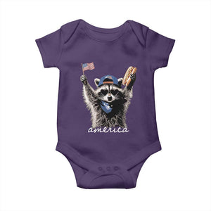 Funny America Raccoon Happy 4th of July Baby Onesie Holding Hotdog and US Flag Patriotic Graphic