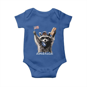 Funny America Raccoon Happy 4th of July Baby Onesie Holding Hotdog and US Flag Patriotic Graphic