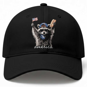 Funny America Raccoon Happy 4th of July Baseball Cap Holding Hotdog and US Flag Patriotic Graphic