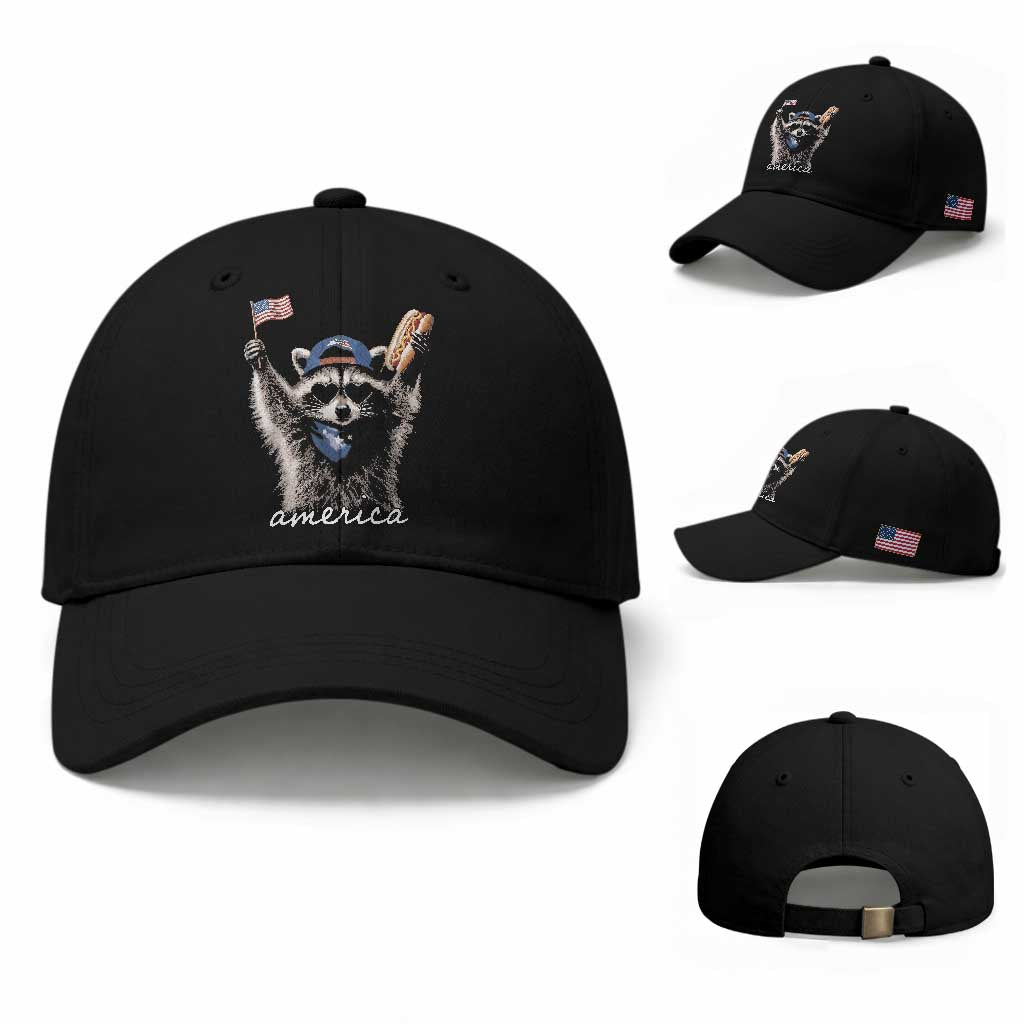 Funny America Raccoon Happy 4th of July Baseball Cap Holding Hotdog and US Flag Patriotic Graphic