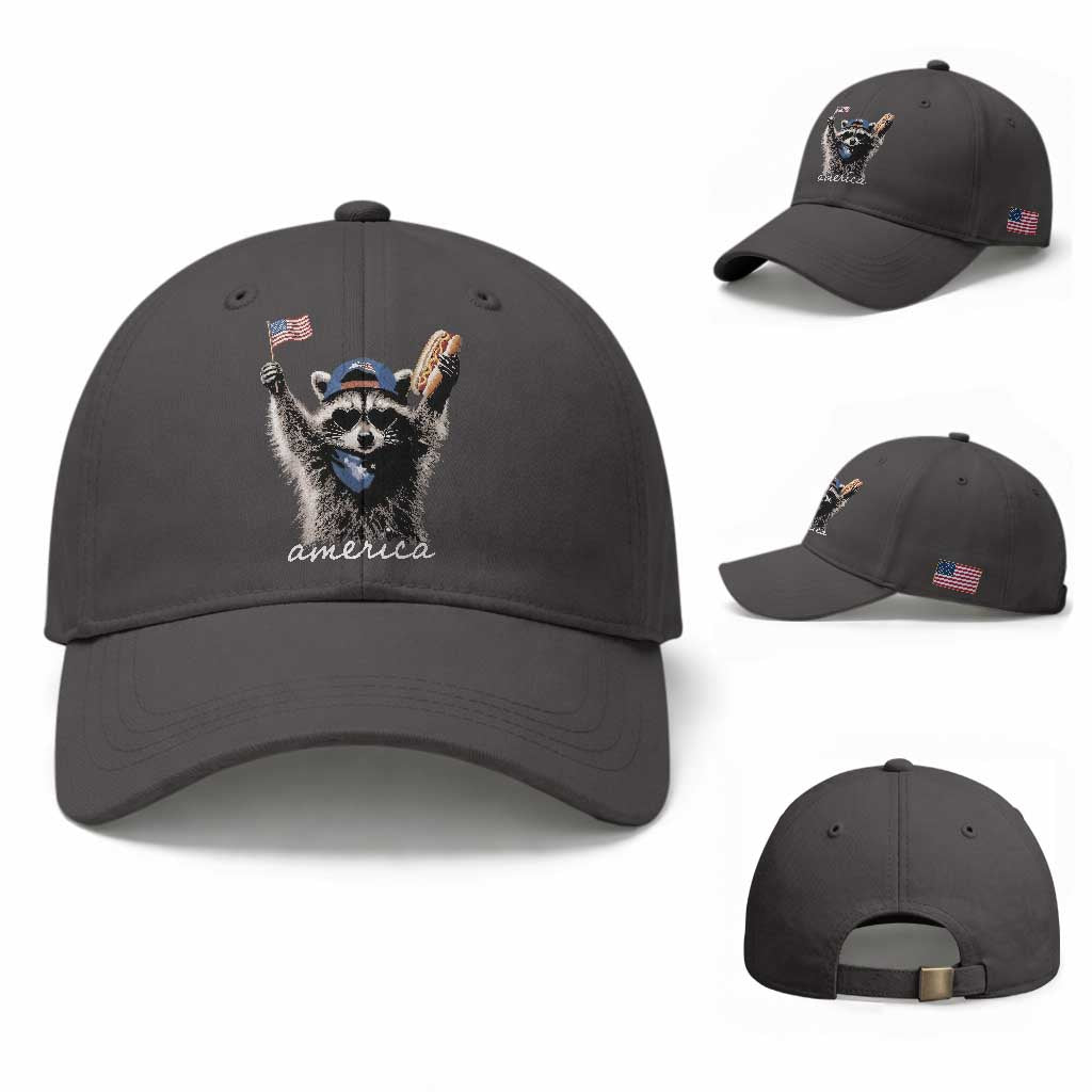 Funny America Raccoon Happy 4th of July Baseball Cap Holding Hotdog and US Flag Patriotic Graphic