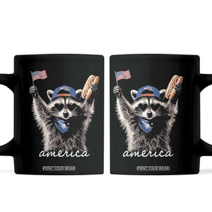 Funny America Raccoon Happy 4th of July Coffee Mug Holding Hotdog and US Flag Patriotic Graphic TS02 Black Print Your Wear