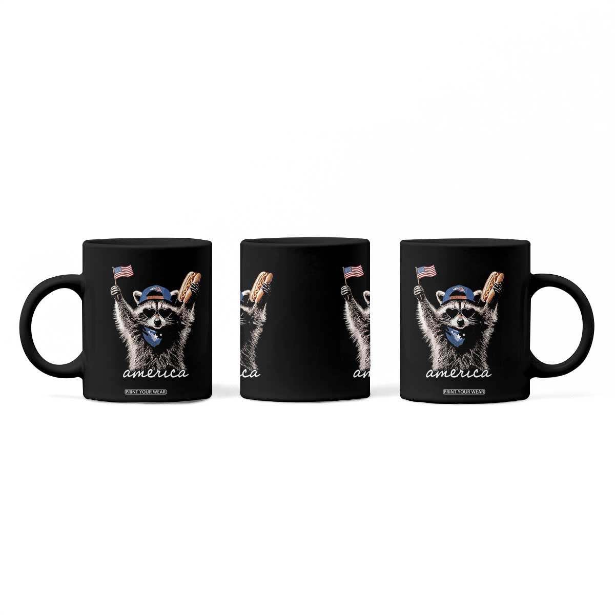 Funny America Raccoon Happy 4th of July Coffee Mug Holding Hotdog and US Flag Patriotic Graphic TS02 Print Your Wear