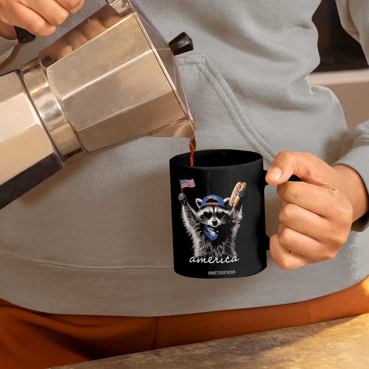 Funny America Raccoon Happy 4th of July Coffee Mug Holding Hotdog and US Flag Patriotic Graphic TS02 Print Your Wear
