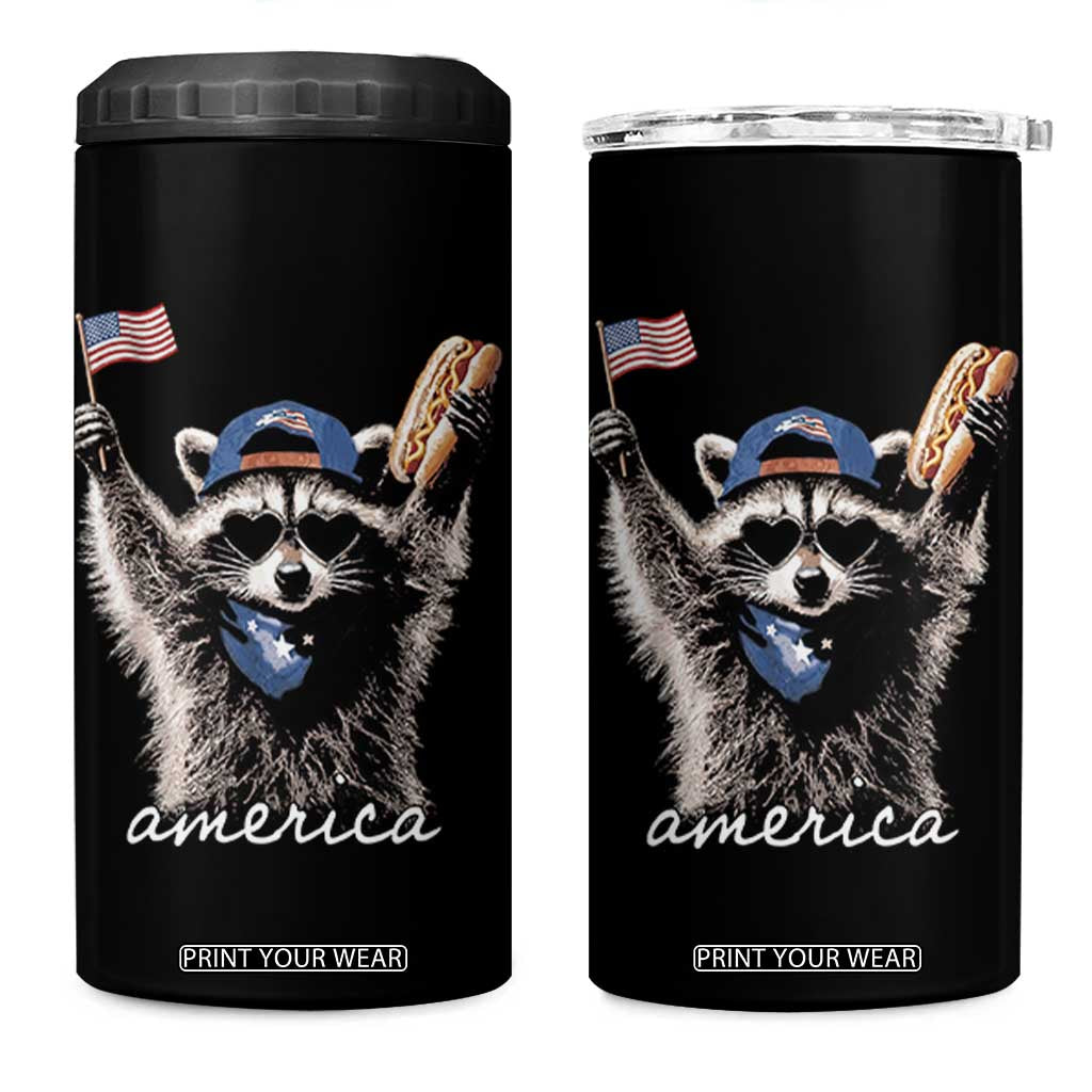 Funny America Raccoon Happy 4th of July 4 in 1 Can Cooler Tumbler Holding Hotdog and US Flag Patriotic Graphic TS02 One Size: 16 oz Black Print Your Wear