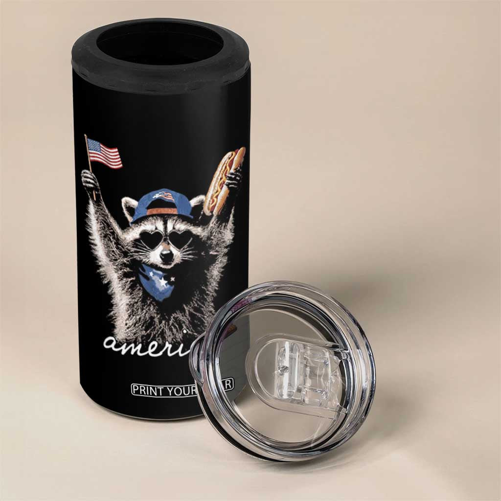 Funny America Raccoon Happy 4th of July 4 in 1 Can Cooler Tumbler Holding Hotdog and US Flag Patriotic Graphic TS02 Print Your Wear