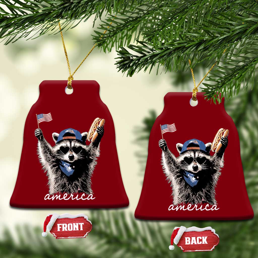 Funny America Raccoon Happy 4th of July Ceramic Ornament Holding Hotdog and US Flag Patriotic Graphic