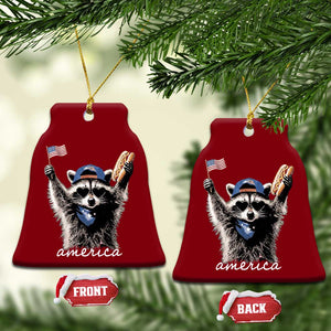 Funny America Raccoon Happy 4th of July Ceramic Ornament Holding Hotdog and US Flag Patriotic Graphic
