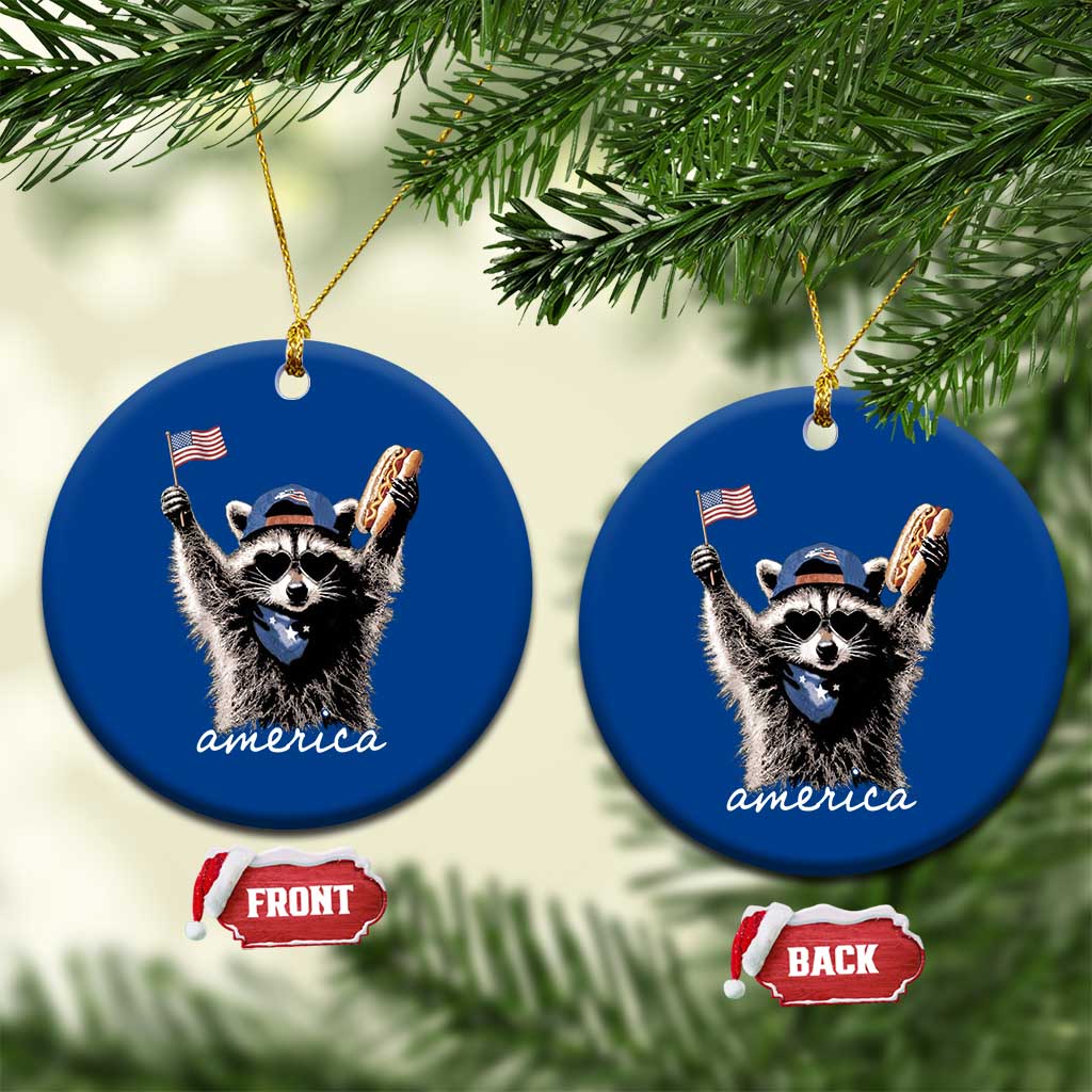 Funny America Raccoon Happy 4th of July Ceramic Ornament Holding Hotdog and US Flag Patriotic Graphic