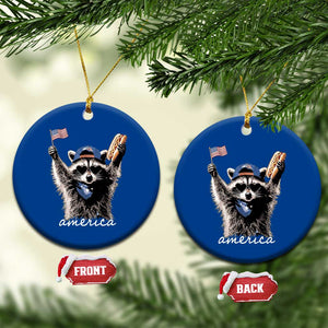 Funny America Raccoon Happy 4th of July Ceramic Ornament Holding Hotdog and US Flag Patriotic Graphic