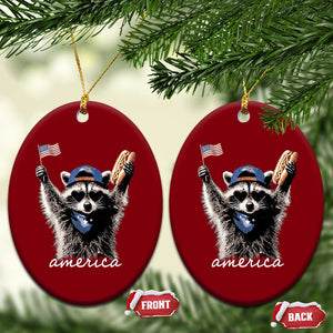 Funny America Raccoon Happy 4th of July Ceramic Ornament Holding Hotdog and US Flag Patriotic Graphic