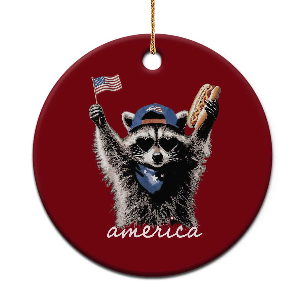 Funny America Raccoon Happy 4th of July Ceramic Ornament Holding Hotdog and US Flag Patriotic Graphic TS02 1pc Red Print Your Wear