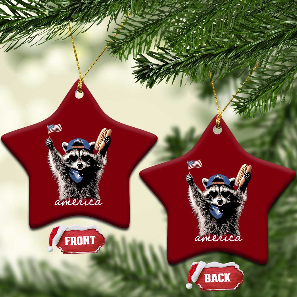 Funny America Raccoon Happy 4th of July Ceramic Ornament Holding Hotdog and US Flag Patriotic Graphic
