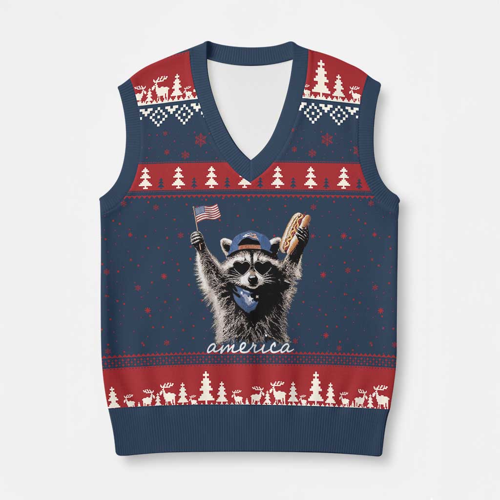 Funny America Raccoon Happy 4th of July V-Neck Knit Sweater Vest Holding Hotdog and US Flag Patriotic Graphic