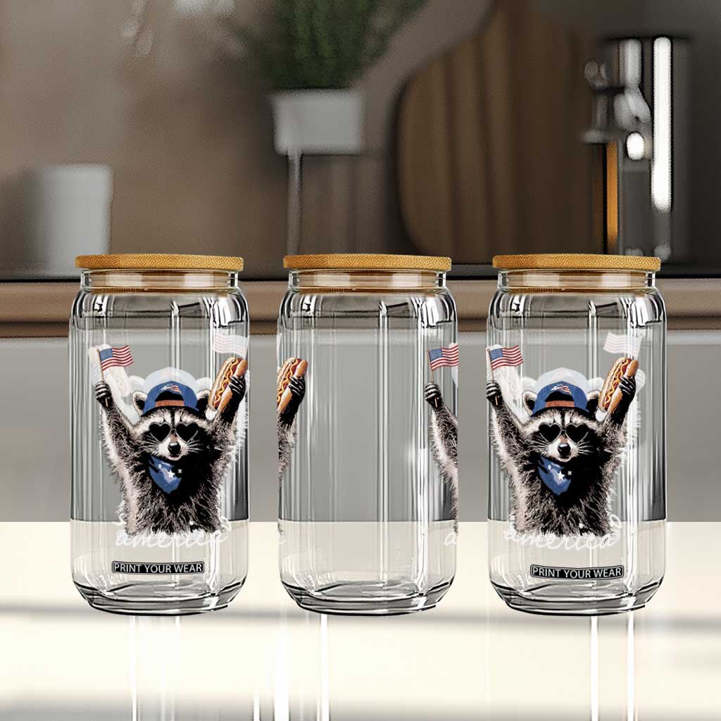 Funny America Raccoon Happy 4th of July Glass Can Holding Hotdog and US Flag Patriotic Graphic TS02 Print Your Wear