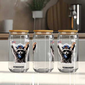 Funny America Raccoon Happy 4th of July Glass Can Holding Hotdog and US Flag Patriotic Graphic TS02 Print Your Wear