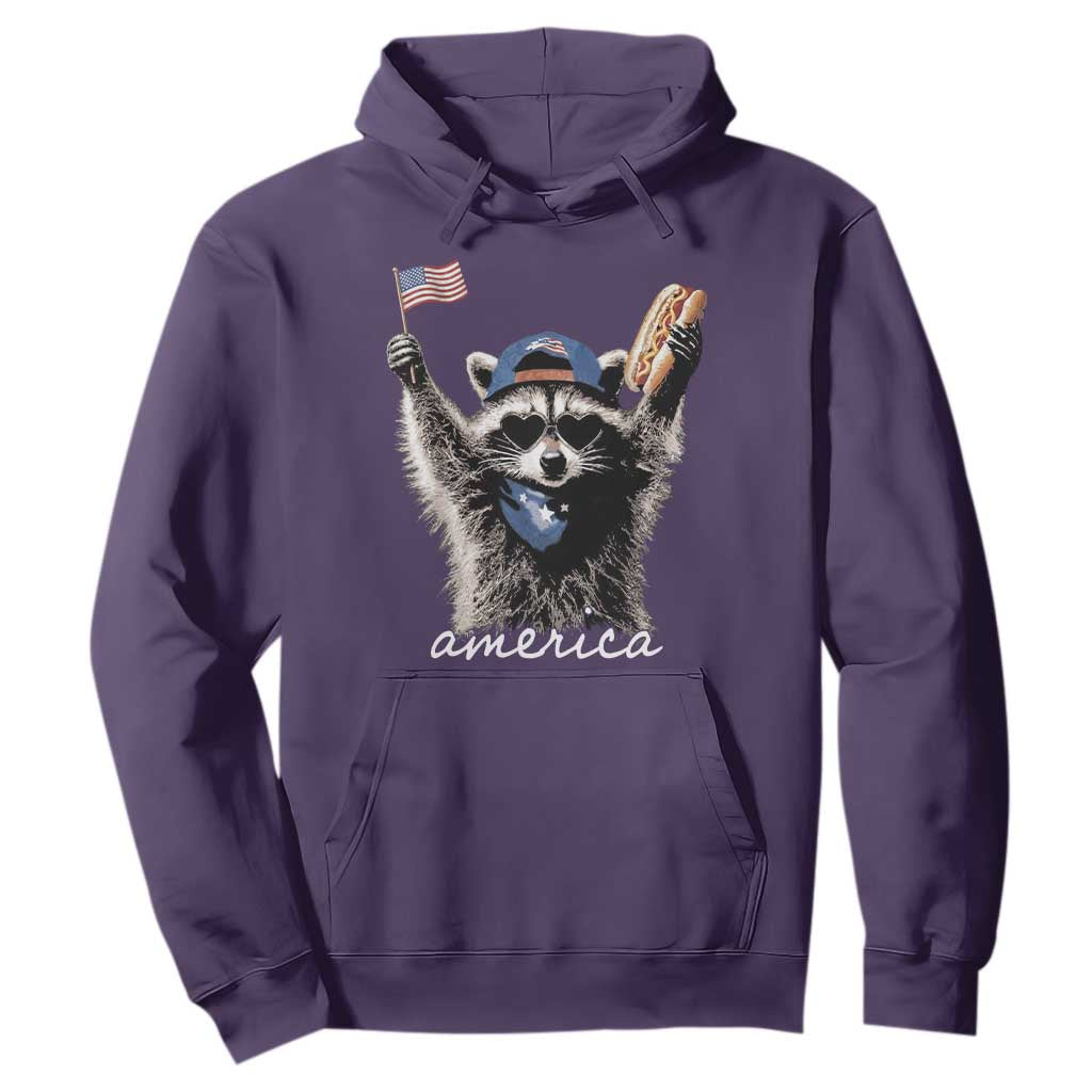 Funny America Raccoon Happy 4th of July Hoodie Holding Hotdog and US Flag Patriotic Graphic