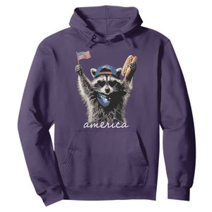 Funny America Raccoon Happy 4th of July Hoodie Holding Hotdog and US Flag Patriotic Graphic