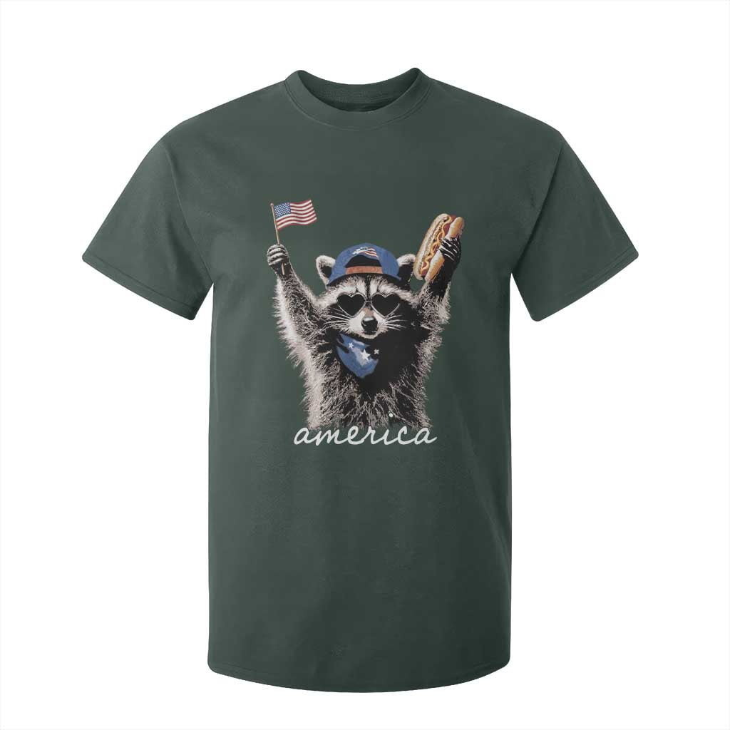 Funny America Raccoon Happy 4th of July T Shirt For Kid Holding Hotdog and US Flag Patriotic Graphic