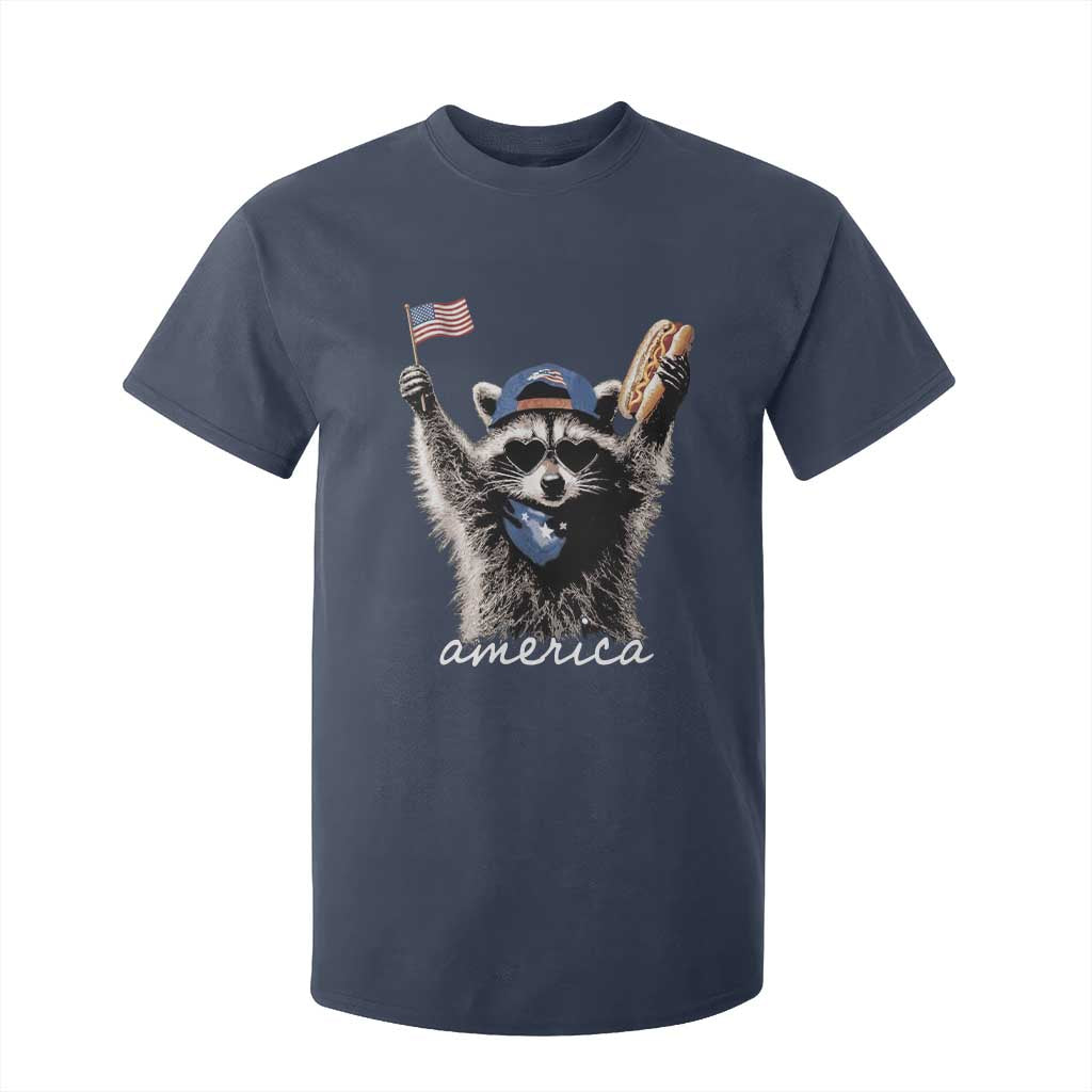 Funny America Raccoon Happy 4th of July T Shirt For Kid Holding Hotdog and US Flag Patriotic Graphic