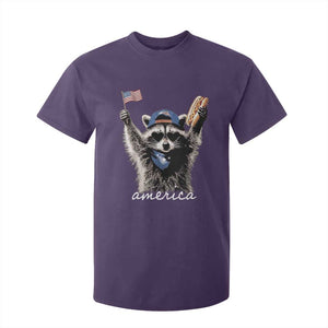 Funny America Raccoon Happy 4th of July T Shirt For Kid Holding Hotdog and US Flag Patriotic Graphic