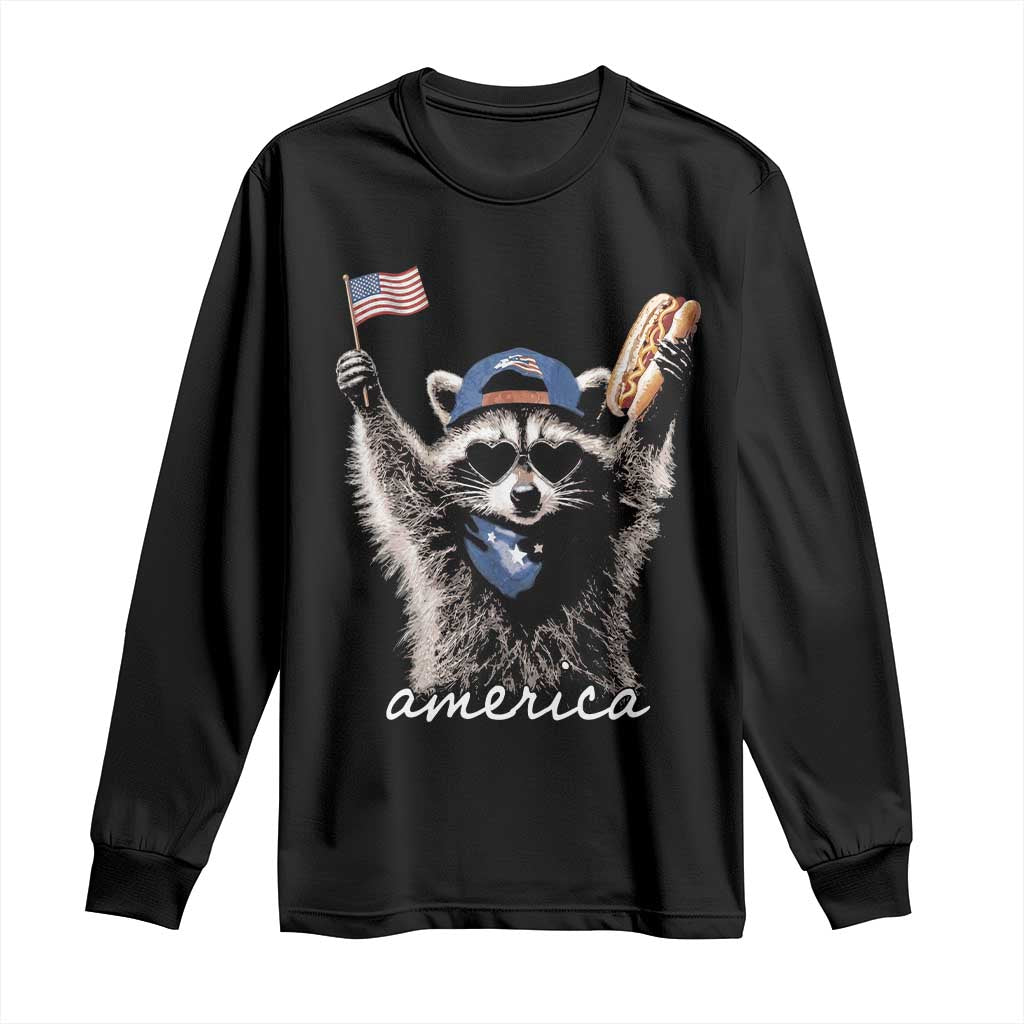 Funny America Raccoon Happy 4th of July Long Sleeve Shirt Holding Hotdog and US Flag Patriotic Graphic