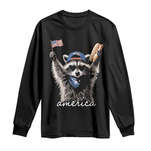Funny America Raccoon Happy 4th of July Long Sleeve Shirt Holding Hotdog and US Flag Patriotic Graphic