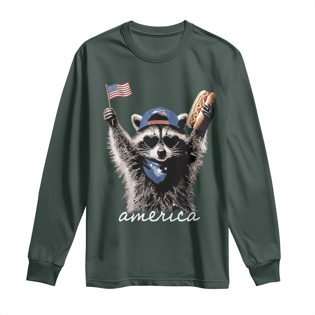 Funny America Raccoon Happy 4th of July Long Sleeve Shirt Holding Hotdog and US Flag Patriotic Graphic